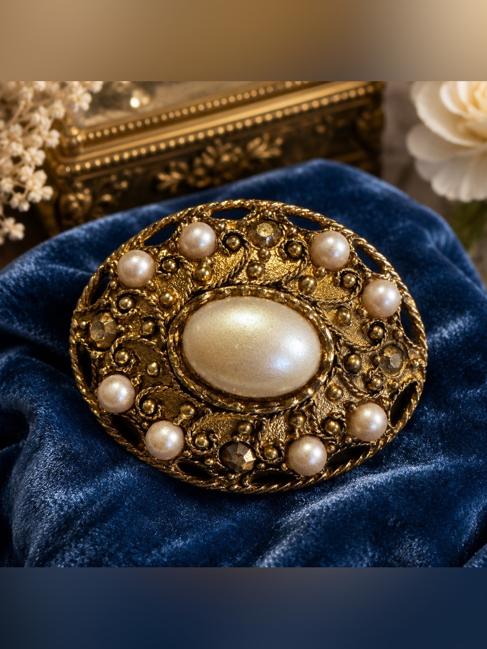 Vintage Faux Pearl Gold Tone Filigree Brooch Pin Oval Cabochon Statement 2.5”